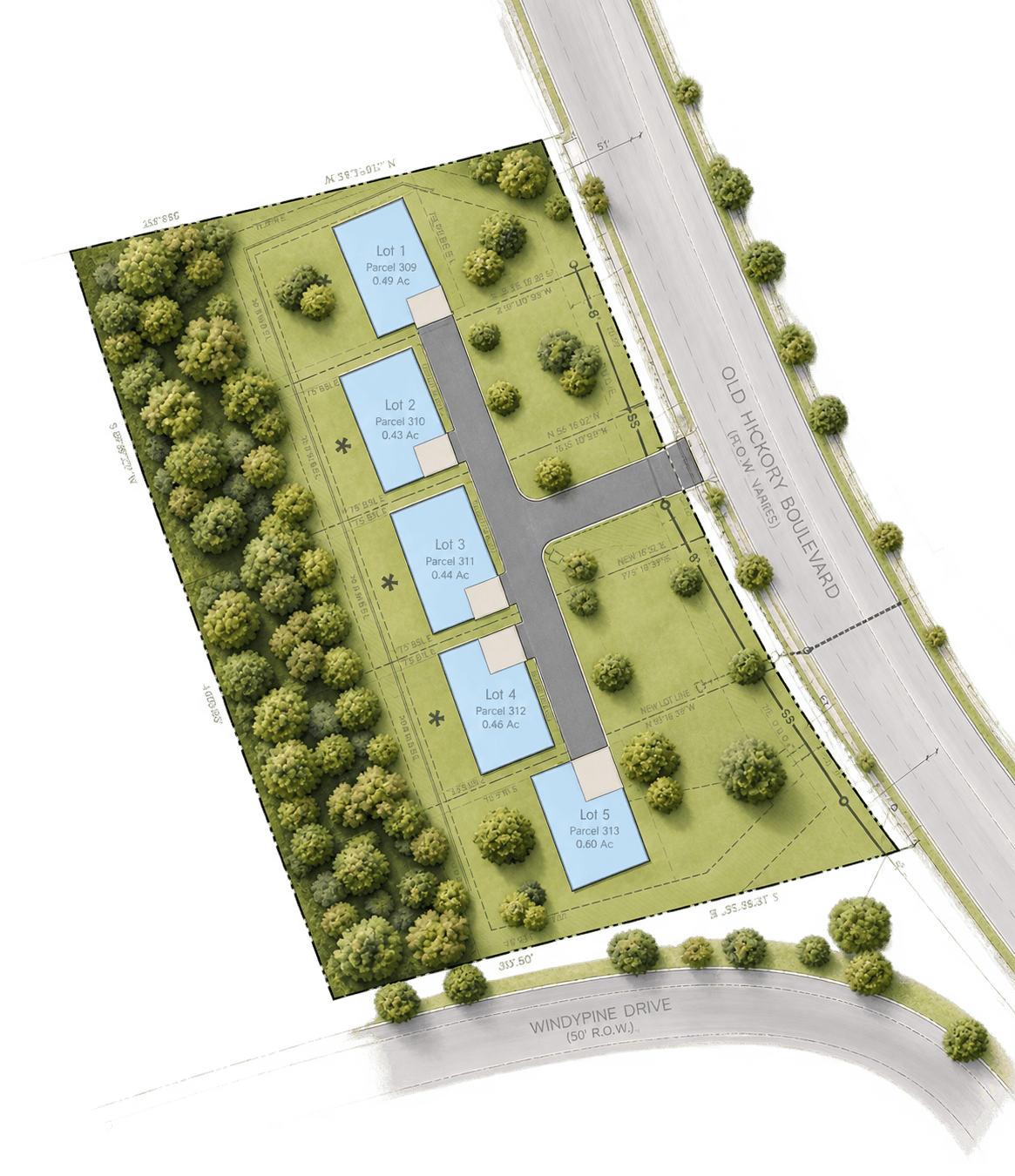 OakStone Reserve site plan: five lots along a private drive entering from Old Hickory Boulevard.